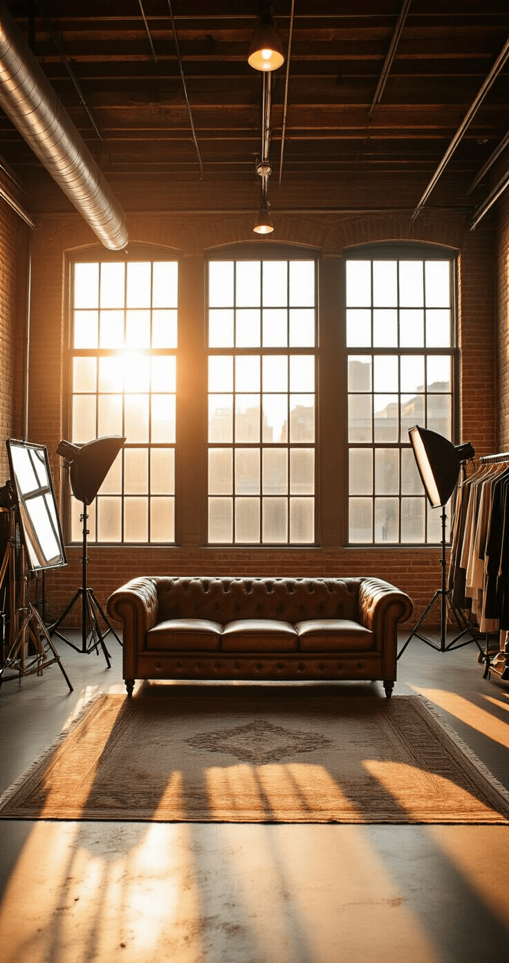 A bright engagement photo studio featuring a vintage Chesterfield sofa, exposed brick walls, and warm golden hour light streaming through large windows, with professional lighting equipment and styled outfit racks.