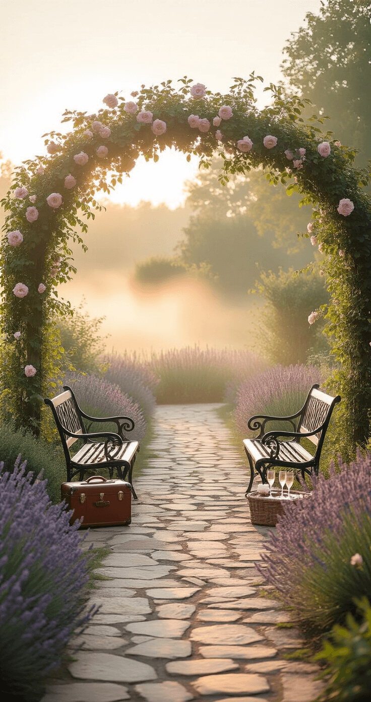 Romantic outdoor engagement session in an expansive English garden at sunrise, featuring misty pathways, climbing rose arches, and an antique iron bench surrounded by lavender, with vintage suitcases and a picnic setup for a dreamy atmosphere.