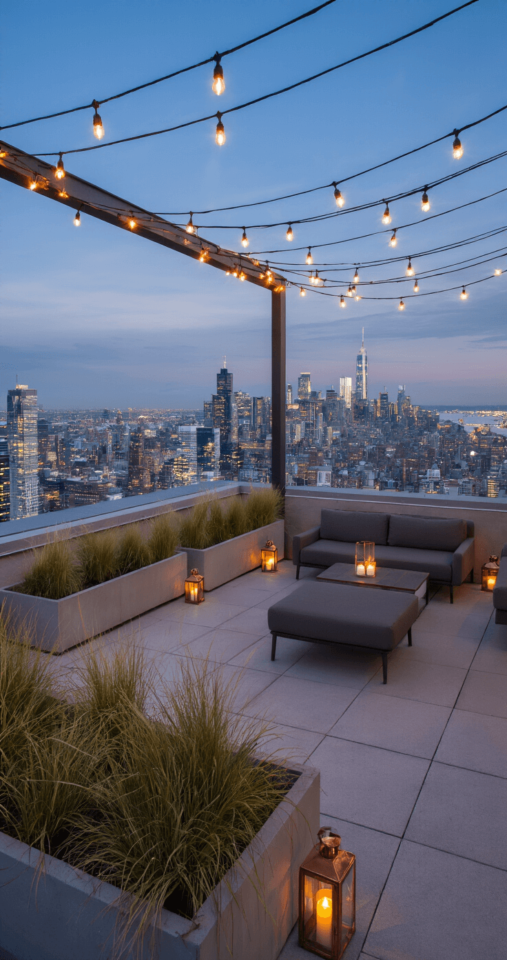 A panoramic view from a 40th-floor terrace at twilight, featuring string lights overhead, modern planters with architectural grasses, and mid-century modern grey lounge furniture. The city skyline twinkles in the background, illuminated by copper lanterns and candles, with long exposure capturing light trails in the bustling urban landscape.