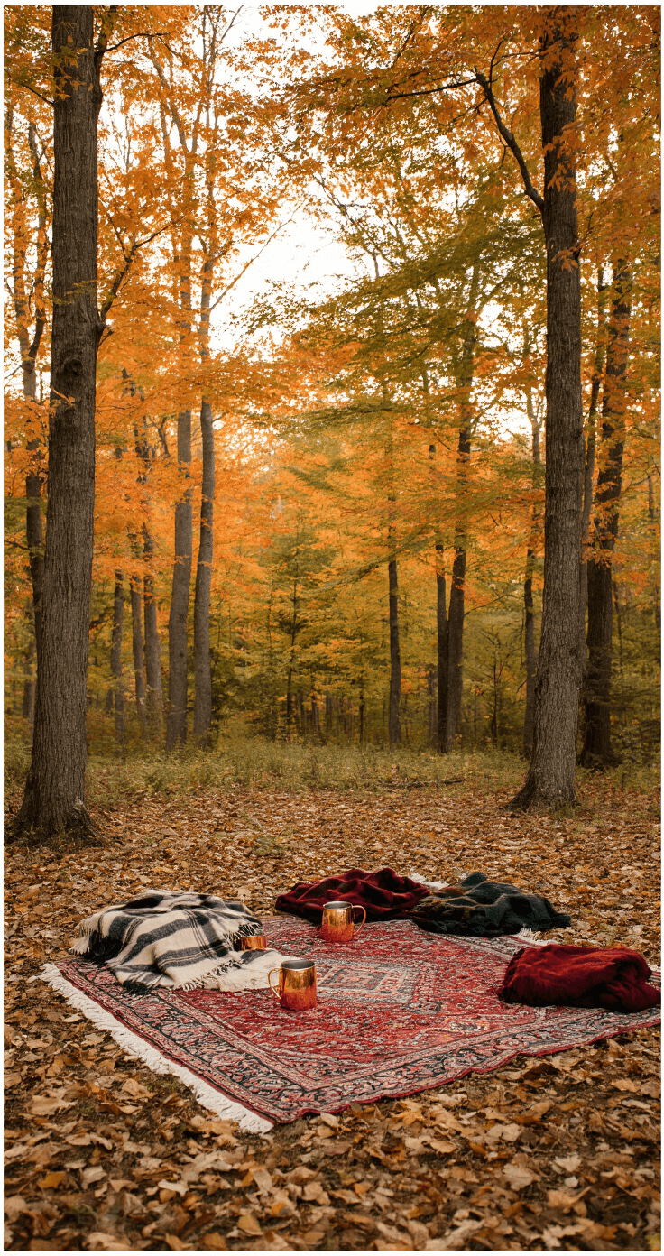 Cozy autumn woodland engagement setup with a vintage Persian rug surrounded by wool blankets and copper mugs, nestled among vibrant maple trees in peak fall colors, illuminated by dappled afternoon light and hidden LED panels, highlighting rich jewel tones of burgundy, forest green, and deep orange.