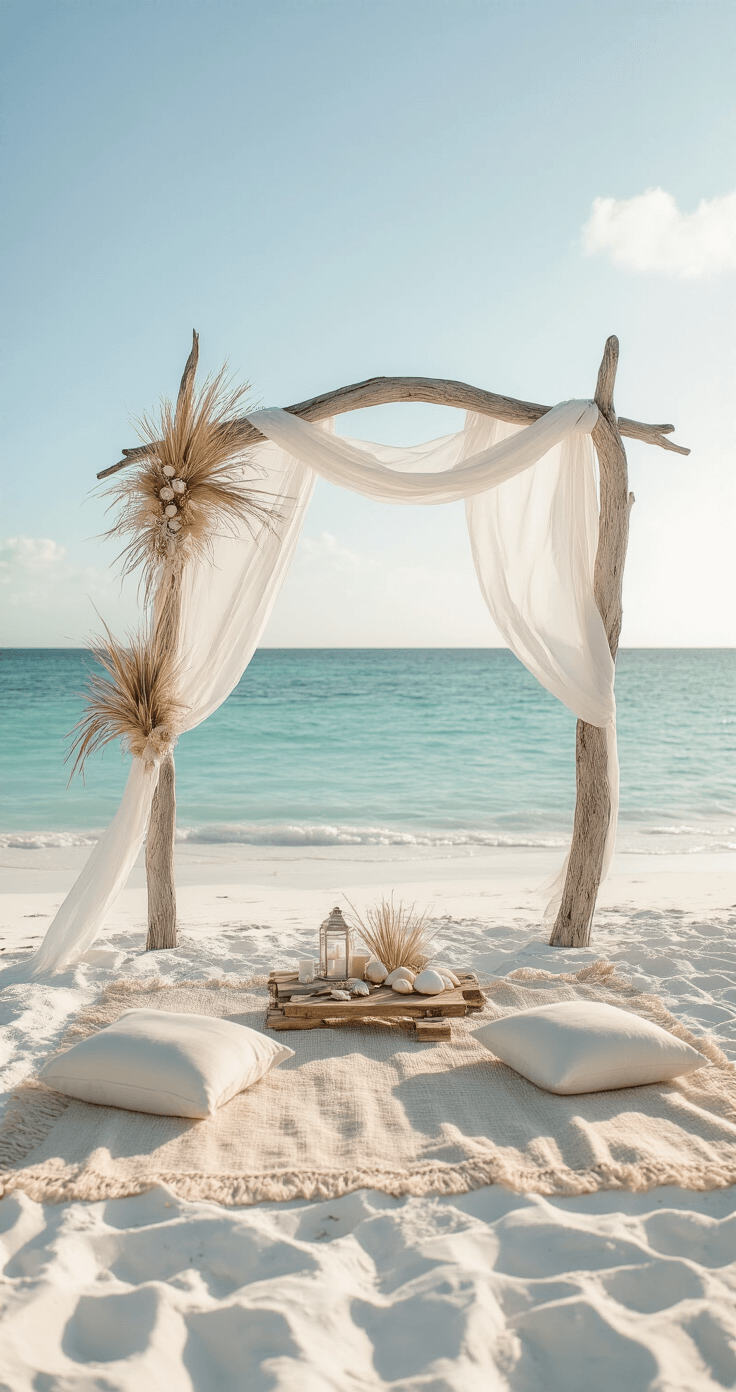 A minimalist beach engagement scene at sunrise featuring pristine white sand and turquoise waters, with a driftwood arch adorned with flowing white fabric and native grasses, a simple picnic setup with light linen textiles and shell accents, all bathed in soft pastel tones and morning light creating gentle rim lighting.