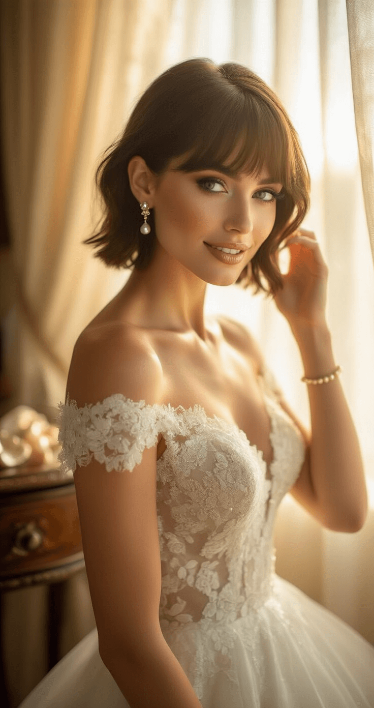 Wedding Hairstyles for Short Hair: Your Ultimate Bridal Styling Guide Close-up portrait of a radiant bride with a chic bob haircut in a sunlit bridal suite, wearing an off-shoulder ivory lace gown and vintage pearl drop earrings, capturing her confident smile as she adjusts her hair. Soft, warm lighting highlights luxurious textures and bridal accessories on an antique vanity table.