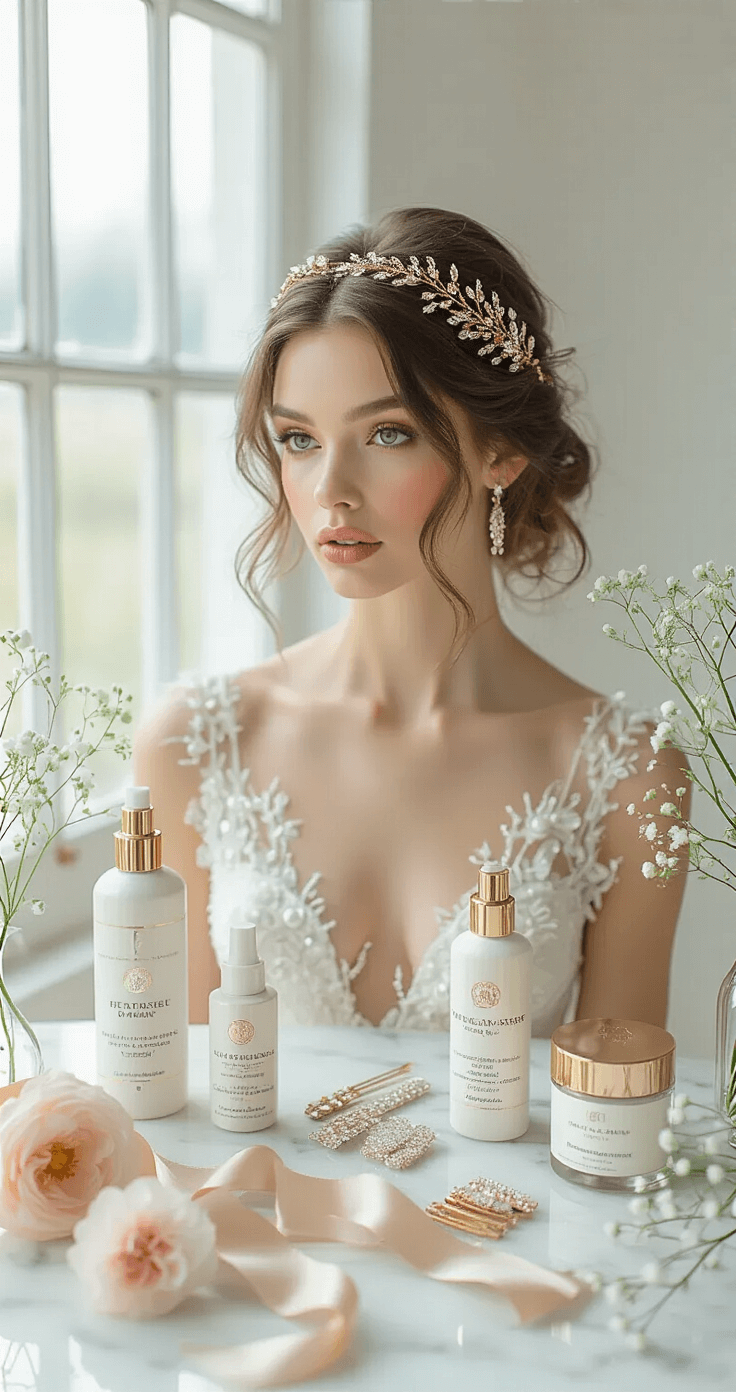 Wedding Hairstyles for Short Hair: Your Ultimate Bridal Styling Guide Fashion-forward bridal accessories flat lay on white marble, featuring gold hair vines, vintage pearl clips, jeweled bobby pins, and a blush pink silk floral headband, accompanied by luxury beauty products and champagne gold silk ribbon, all in a minimalist white studio with soft natural lighting.