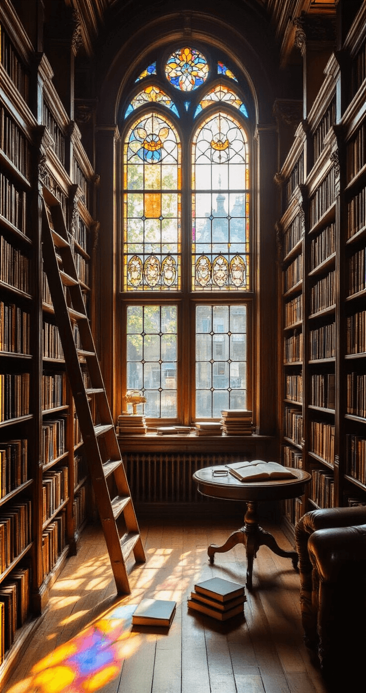 A couple engaged in a romantic moment inside a vintage bookstore, surrounded by floor-to-ceiling wooden shelves filled with jewel-toned books, illuminated by late afternoon light streaming through stained glass windows, highlighting dust particles in the air.