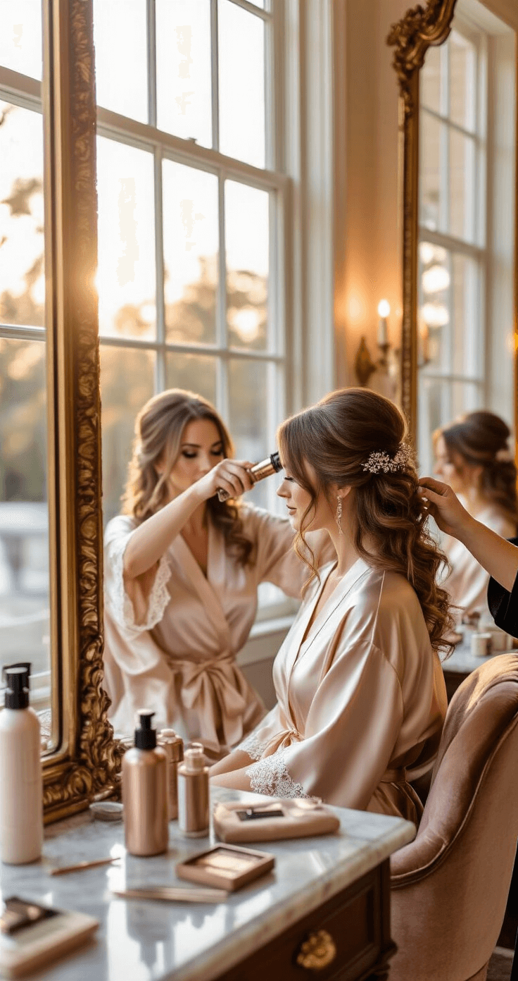 Wedding Hairstyles for Short Hair: Your Ultimate Bridal Styling Guide A bride in a champagne silk robe sits in a vintage velvet chair as a hairstylist creates romantic waves in her auburn hair with a rose gold curling wand, surrounded by styling tools and soft greenery in an upscale bridal salon during golden hour.