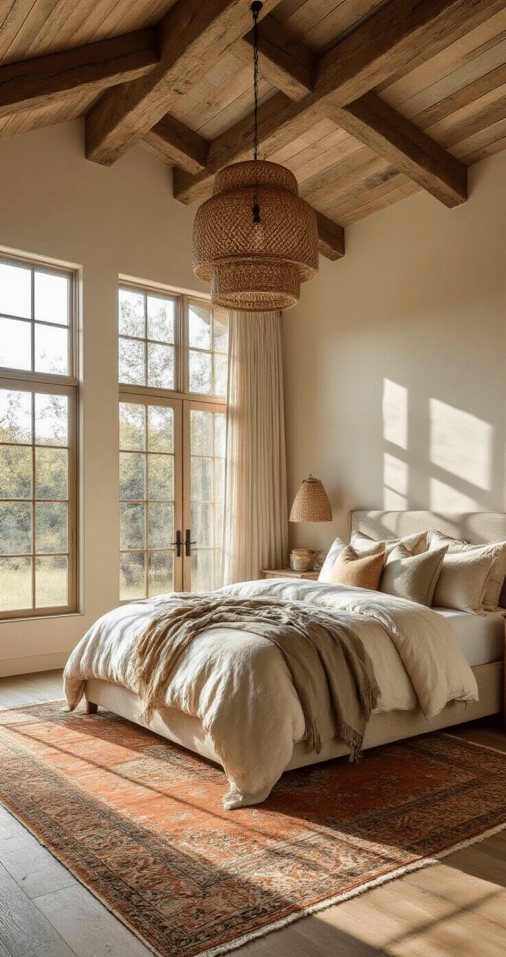 Rustic-luxe master bedroom featuring a king-sized bed with layered linen bedding, weathered oak nightstands, and a vintage Persian rug. Golden hour sunlight illuminates the space, creating long shadows and highlighting textured details like exposed wooden beams and a handwoven rattan pendant light.