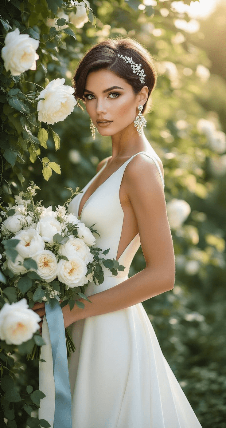 Wedding Hairstyles for Short Hair: Your Ultimate Bridal Styling Guide Elegant outdoor bridal portrait of a confident bride with a sleek pixie cut, wearing a modern A-line silk crepe wedding dress and vintage gold chandelier earrings, posed gracefully in a blooming garden among white roses and ivy, holding a bouquet of white peonies and eucalyptus, with soft afternoon light creating a dreamy atmosphere and painterly bokeh background.