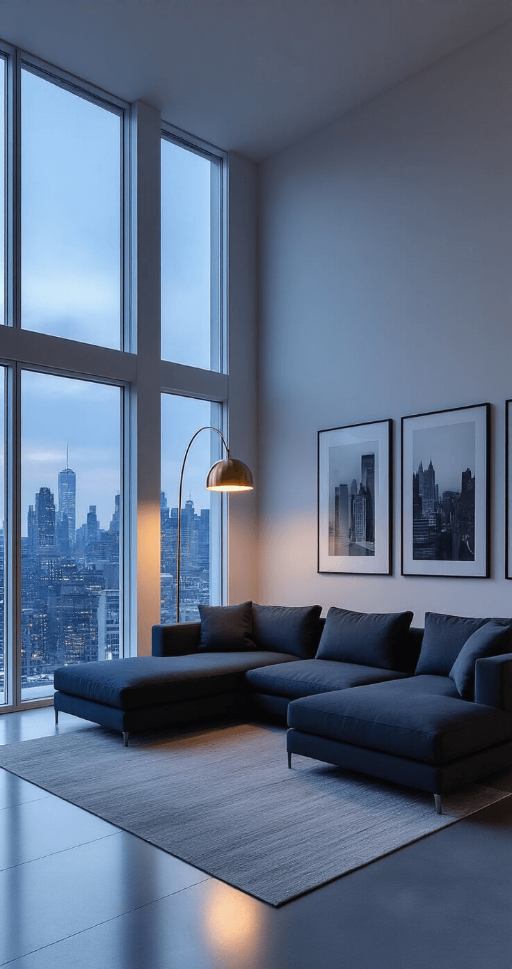 Modern minimal living room with floor-to-ceiling windows showcasing a cityscape at blue hour, featuring a low-profile charcoal sectional on polished concrete floors, a brushed brass sculptural floor lamp, and a monochromatic art gallery wall of black and white photography, all captured at eye level with a wide angle lens, emphasizing clean lines and negative space in a cool color palette.