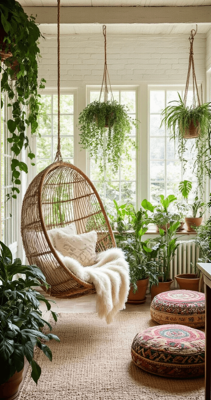 A bright and airy Bohemian sunroom featuring greenhouse-style windows, white painted brick walls, and a rattan hanging chair draped with a cream sheepskin throw. Abundant trailing plants in terra cotta pots are complemented by vintage kilim poufs in jewel tones on a sisal rug, all illuminated by mid-morning natural light.
