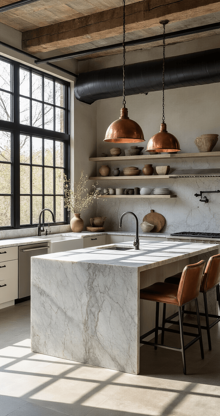 Industrial-style kitchen featuring blackened steel windows and exposed ductwork, with afternoon light casting geometric shadows on a honed marble waterfall island and vintage leather barstools. Open shelves display artisanal ceramics, illuminated by patina-finished copper pendant lights, creating a sophisticated yet lived-in atmosphere.