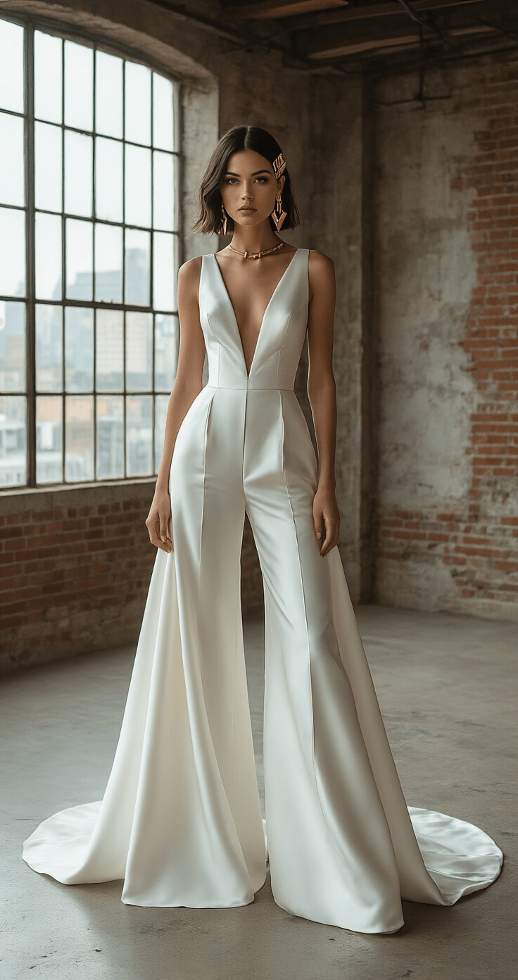 Wedding Hairstyles for Short Hair: Your Ultimate Bridal Styling Guide Avant-garde bridal editorial featuring a striking bride in a contemporary ivory silk jumpsuit, styled with a bold asymmetrical bob, geometric gold hair clips, and statement jewelry, set against a modern urban loft with industrial architecture and dramatic lighting.