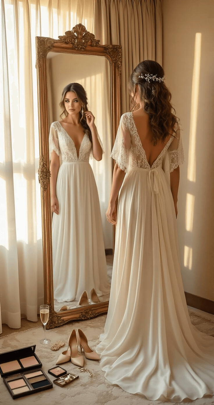 Wedding Hairstyles for Short Hair: Your Ultimate Bridal Styling Guide A bride in an elegantly decorated hotel suite prepares for her wedding, standing before a mirror in soft ivory chiffon and lace, surrounded by makeup products and her bouquet, illuminated by warm golden hour light.