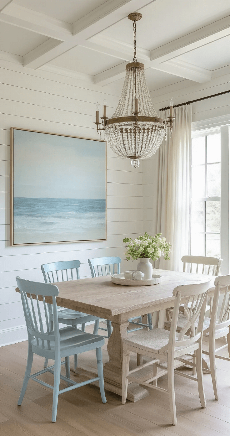 A serene coastal cottage dining room featuring shiplap walls and a coffered ceiling, illuminated by soft morning light filtering through gauzy linen curtains. The space includes a whitewashed oak table surrounded by vintage chairs in pale blue and cream, with an oversized seascape artwork in muted blues and grays on the wall. A crystal chandelier with an aged brass finish hangs above, captured at a 45-degree angle to emphasize depth and layering.