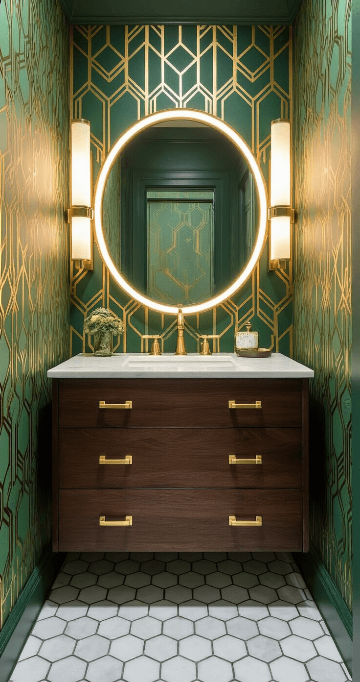 Art Deco inspired powder room featuring emerald and gold geometric wallpaper, dramatic sconce lighting, a dark walnut floating vanity with brass hardware, a backlit circular mirror, and marble hexagon floor tiles, captured with a telephoto lens for a sophisticated ambiance.