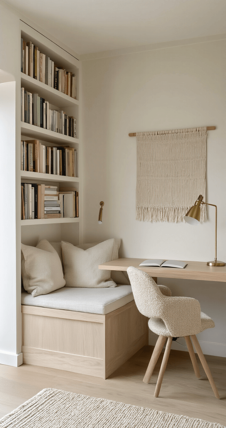 Cozy Scandinavian study nook featuring a built-in window seat and floor-to-ceiling bookshelves, with a pale ash wood floating desk and an ergonomic oatmeal bouclé chair. A minimal brass task lamp provides soft illumination in overcast daylight, complemented by an abstract textile wall hanging in neutral tones, creating a calm and focused atmosphere.