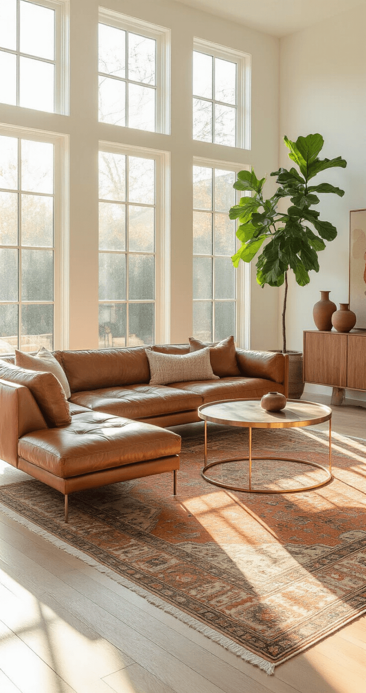 A bright living room with floor-to-ceiling windows, featuring a modern cognac leather sectional, a round brass coffee table, layered Persian rugs, a fiddle leaf fig, and ceramic vessels on a walnut credenza, all illuminated by golden hour sunlight.
