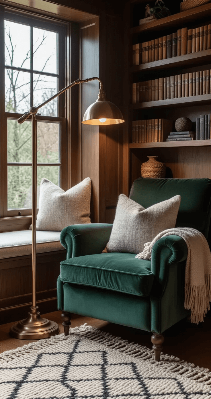 A cozy reading nook with ambient lighting, featuring a plush emerald velvet chair, built-in walnut bookshelves, a window seat with oatmeal cushions, heathered gray wool throws, and a hand-knotted Moroccan rug in cream and charcoal, captured at dusk.