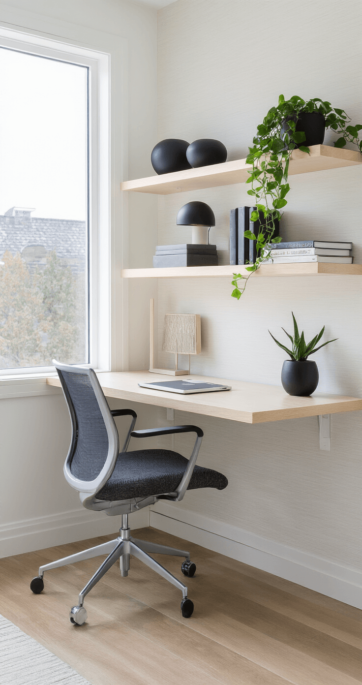 A modern minimalist home office, 10x12ft, featuring a floating bleached maple desk and a charcoal mesh ergonomic chair, illuminated by crisp northern light reflecting off matte white walls. Floating shelves display matte black ceramics, architectural books, and a pothos plant, while a textured grasscloth wallpaper adds dimension to the feature wall. The shot captures clean lines and negative space in a bright, diffused light.