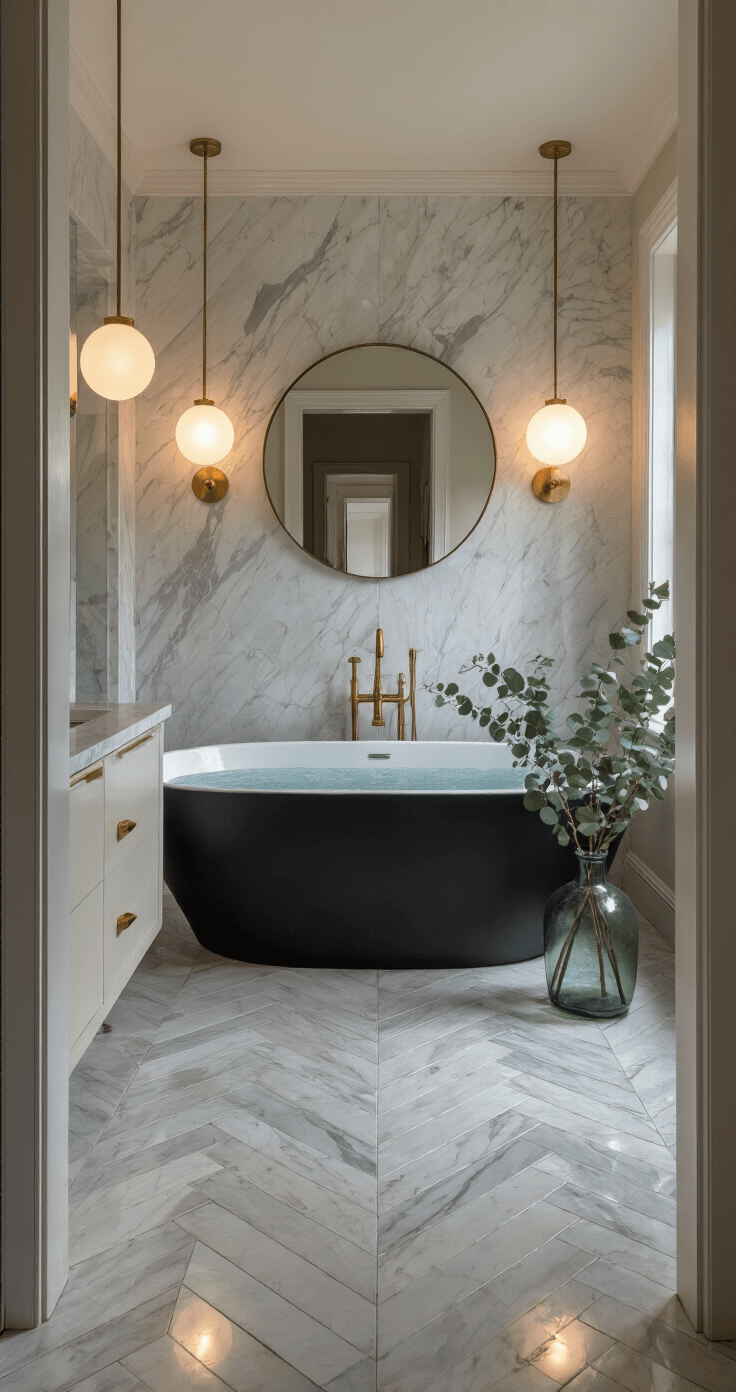 Luxurious primary bathroom with marble herringbone floors, freestanding matte black soaking tub, floor-to-ceiling marble wall, and soft ambient lighting, viewed from the doorway.