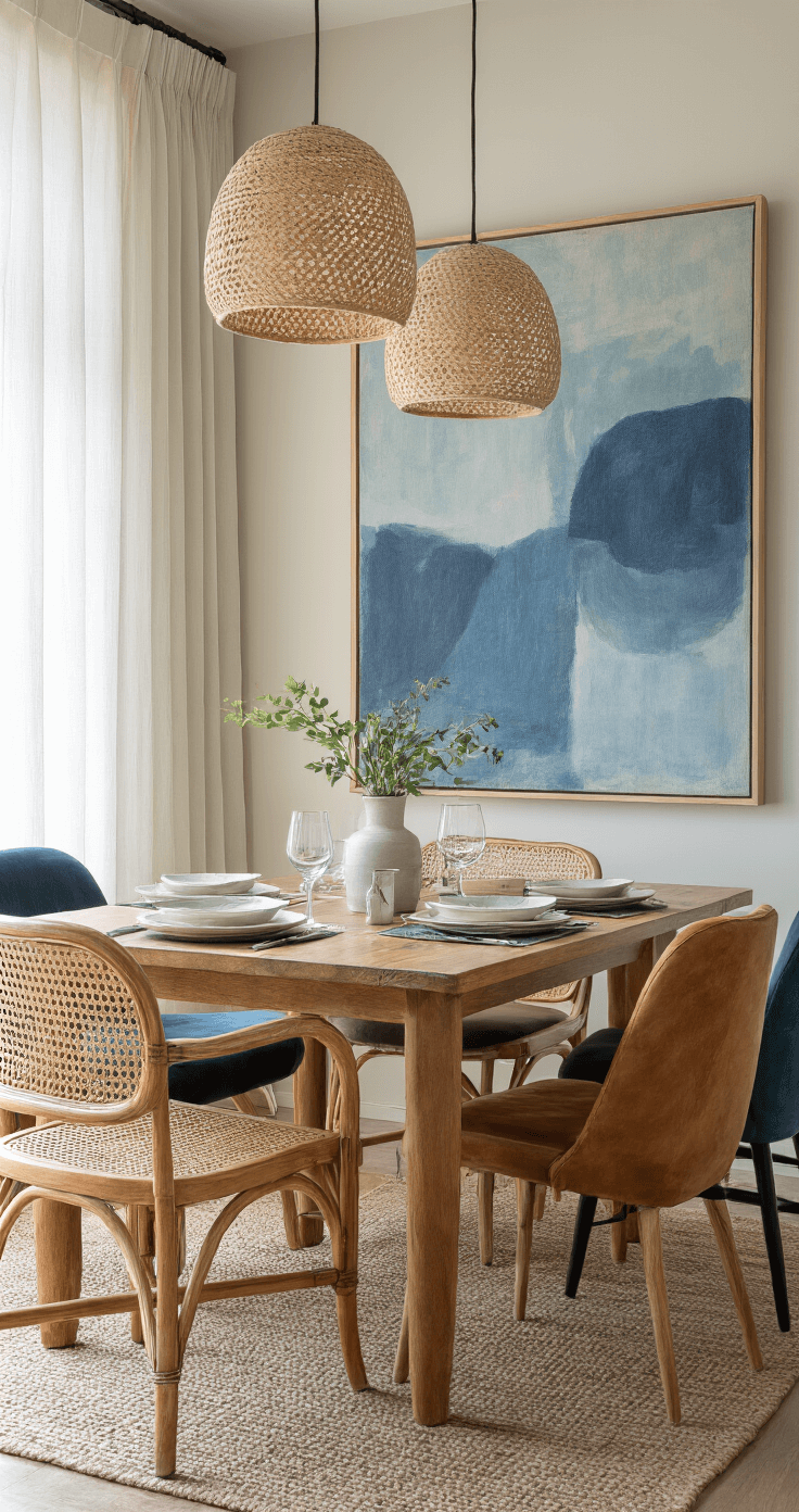 A bright and eclectic dining space features a vintage teak table surrounded by mix-and-match chairs in cane, velvet, and leather, with a large abstract canvas in blue and ochre on the wall. Handmade ceramic pendant lights hang at different heights, enhancing the atmosphere supplemented by natural sunlight and soft artificial lighting.