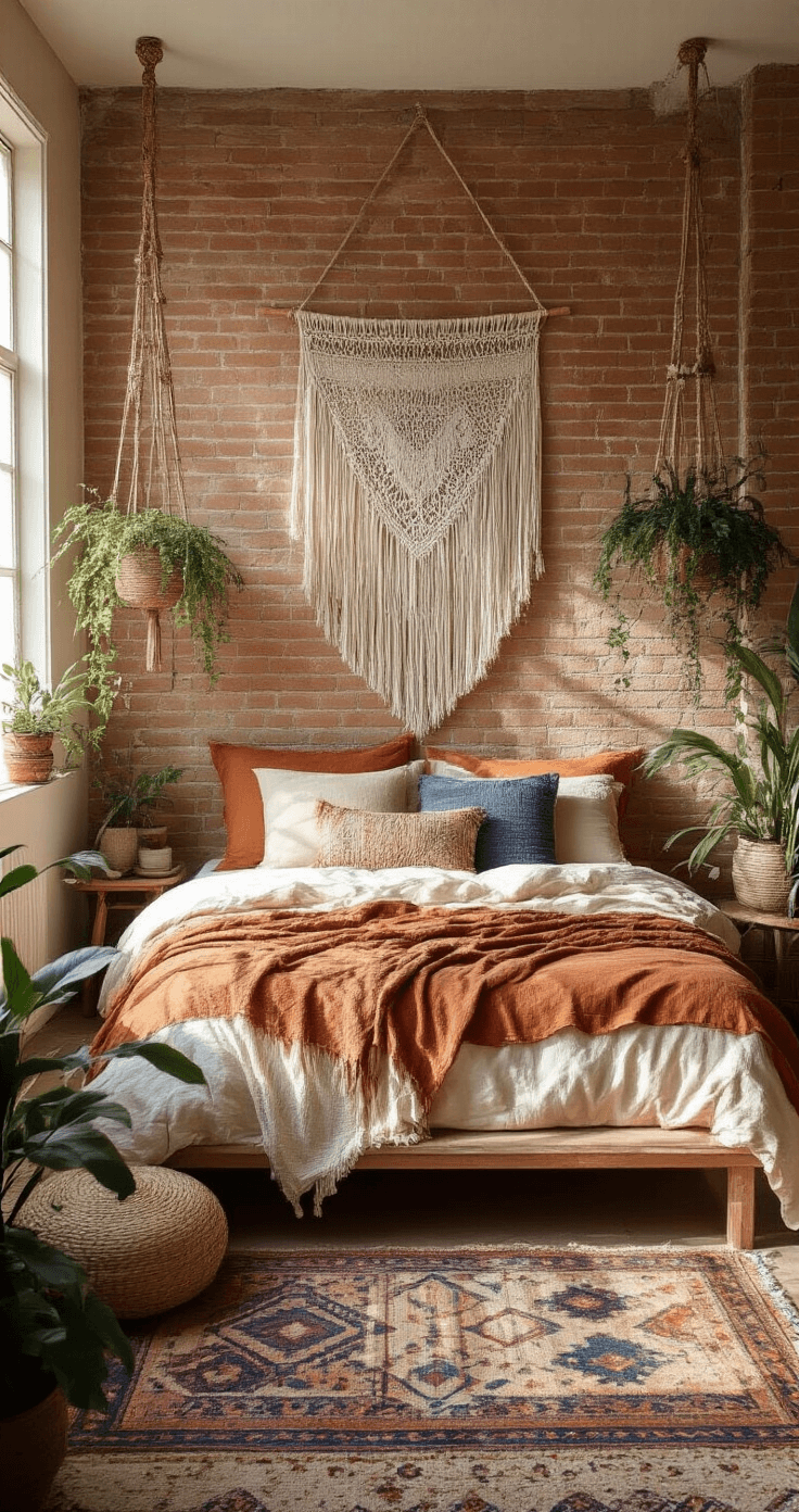 A cozy bohemian bedroom retreat at sunrise featuring a low-profile platform bed dressed in layered rust, cream, and indigo textiles, a macramé wall hanging on a painted brick wall, complementary Moroccan rugs on the floor, a rattan pendant casting shadows, and cascading plants in macramé hangers, all bathed in soft natural morning light.