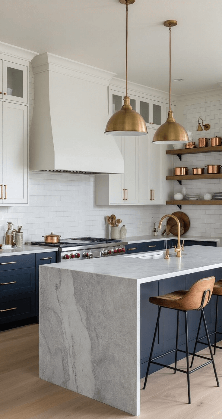 A contemporary kitchen featuring a waterfall quartz island in dove gray, navy lower cabinets, white upper cabinets, handmade subway tile backsplash, and a collection of copper cookware on open shelving, illuminated by side lighting that emphasizes material contrasts.