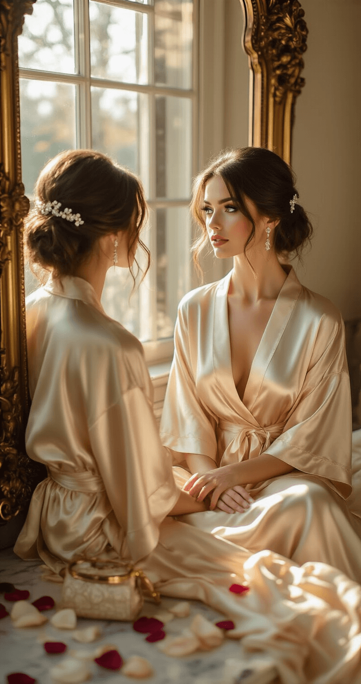 Low Messy Bun Wedding Hairstyle: Your Ultimate Bridal Hair A radiant bride-to-be in a champagne silk robe gazes into an ornate vintage mirror, framed by sun-drenched windows. Her dark hair is styled in a low messy bun adorned with pearl pins, capturing the golden hour light. The scene features plush velvet seating, scattered rose petals, and elegant bridal accessories on a marble vanity, all creating a dreamy, romantic atmosphere.