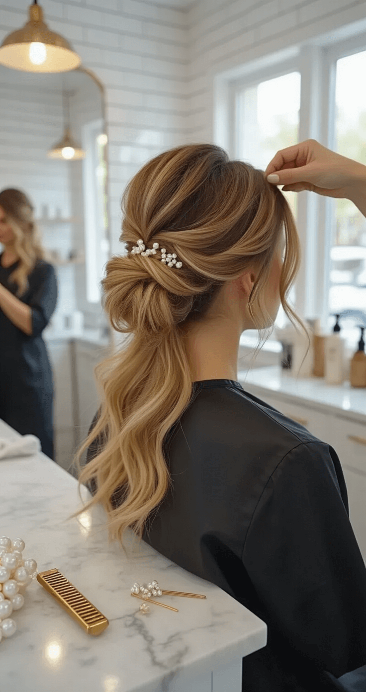 Low Messy Bun Wedding Hairstyle: Your Ultimate Bridal Hair A professional stylist creates a low messy bun in a bright hair salon, showcasing honey-blonde hair with vintage brass tools and floral clips, illuminated by natural light through large windows.