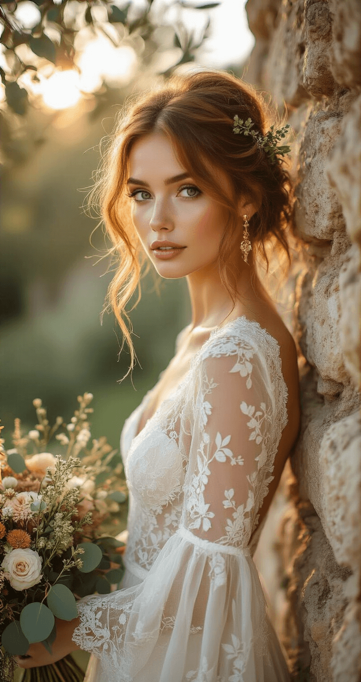 Low Messy Bun Wedding Hairstyle: Your Ultimate Bridal Hair A bohemian bride in a flowing ivory lace gown poses against weathered stone walls in a rustic garden during golden hour, with auburn hair in a messy bun adorned with eucalyptus and baby's breath, as warm sunlight filters through olive trees.