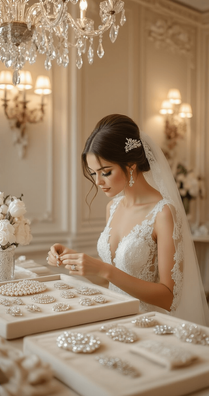 Low Messy Bun Wedding Hairstyle: Your Ultimate Bridal Hair A bride in a luxurious bridal boutique examines hair accessories, including pearl hairpins and vintage combs, on a velvet tray, with soft ambient lighting illuminating the rich textures of silk ribbons and sparkling crystals.