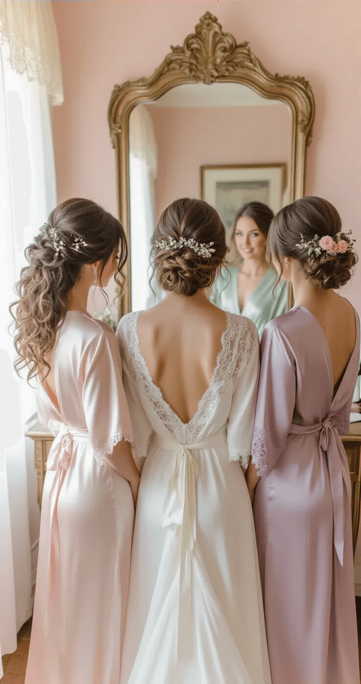 Low Messy Bun Wedding Hairstyle: Your Ultimate Bridal Hair Three bridesmaids with different hair types showcase low messy bun styles in an elegant bridal preparation room with soft pink walls and antique furniture, wearing silk robes in blush, lavender, and sage green tones, as they admire their hairstyles in a three-way mirror illuminated by afternoon light filtering through lace curtains.