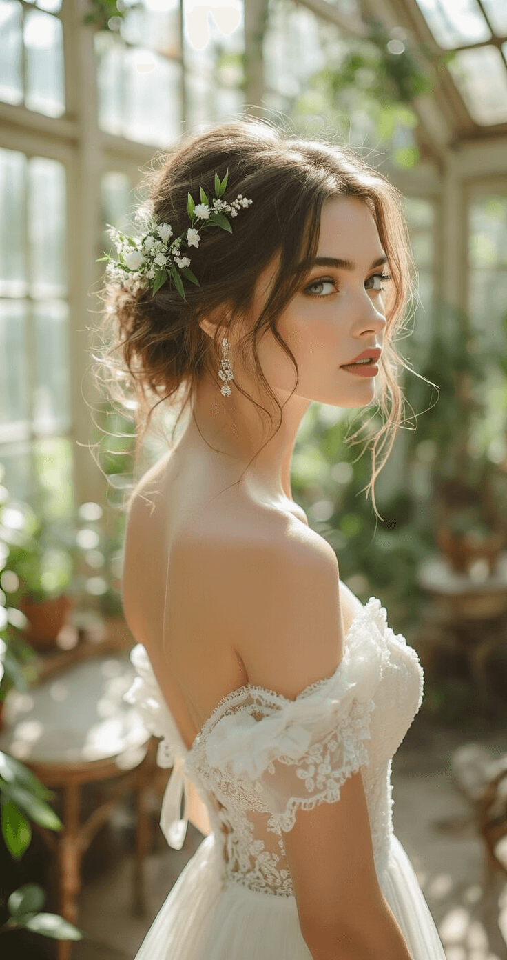 Low Messy Bun Wedding Hairstyle: Your Ultimate Bridal Hair A radiant bride in a sunlit conservatory, wearing an off-shoulder ivory wedding dress with intricate beadwork, poses gracefully with a low messy bun adorned with white flowers and ivy, as warm golden light filters through glass panels, enhancing the organic, bohemian vibe of her look.
