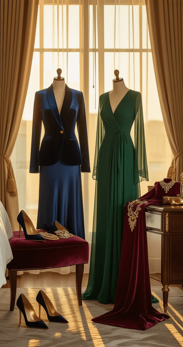 Fall Wedding Guest Dress: Nailing Your October Outfit with Effortless Style An elegant hotel room illuminated by warm golden hour sunlight, featuring a complete October wedding guest ensemble on a velvet armchair, including a navy satin dress, emerald chiffon maxi dress, and burgundy wrap dress, with accessories like metallic pumps and statement jewelry on a dresser, all showcased in rich textures and sophisticated colors.