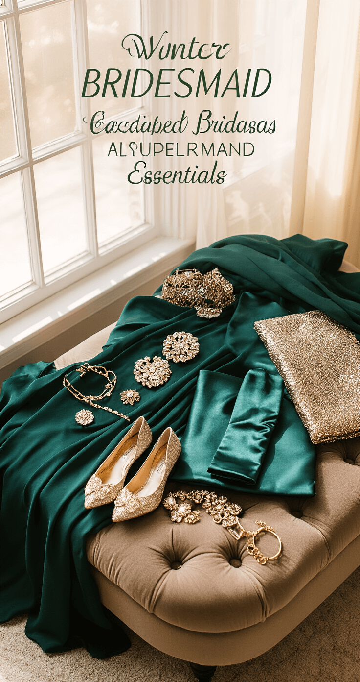 Aerial view of a winter bridesmaid essentials display on a tufted velvet ottoman, featuring an emerald green satin dress, sparkling hair accessories, long velvet gloves, and gold jewelry, all arranged in symmetry with rich textures and a jewel-toned color palette illuminated by soft window light.