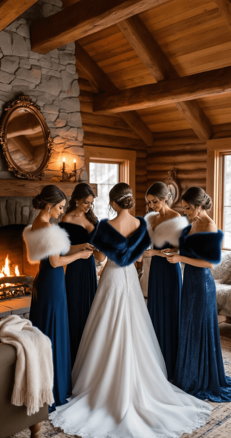 Three bridesmaids in a rustic-chic cabin prepare for a winter wedding, layering navy blue and sapphire gowns with faux fur stoles and metallic clutches, surrounded by warm ambient lighting from a stone fireplace and rich wooden beams.