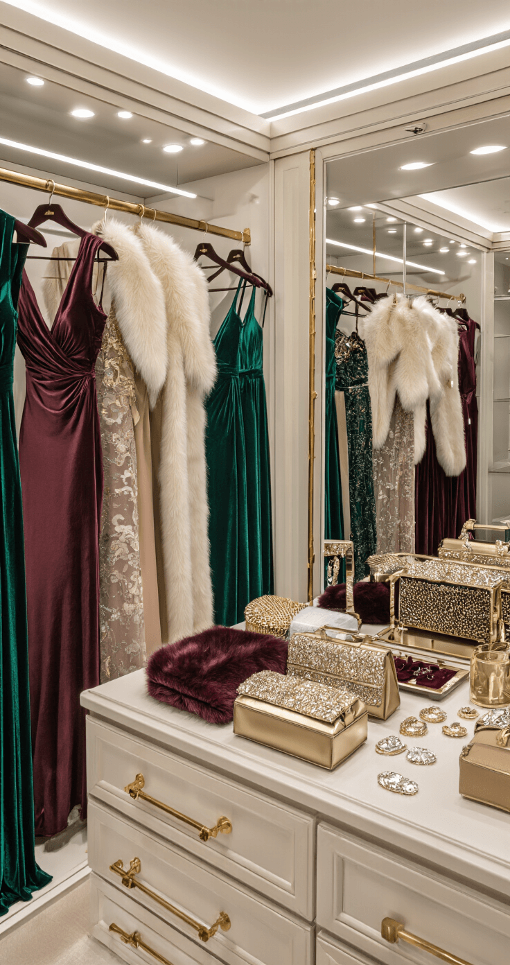 Sophisticated walk-in wardrobe showcasing winter bridesmaid styling with jewel-toned dresses, faux fur stoles, and metallic accessories, featuring professional lighting and floor-to-ceiling mirrors.