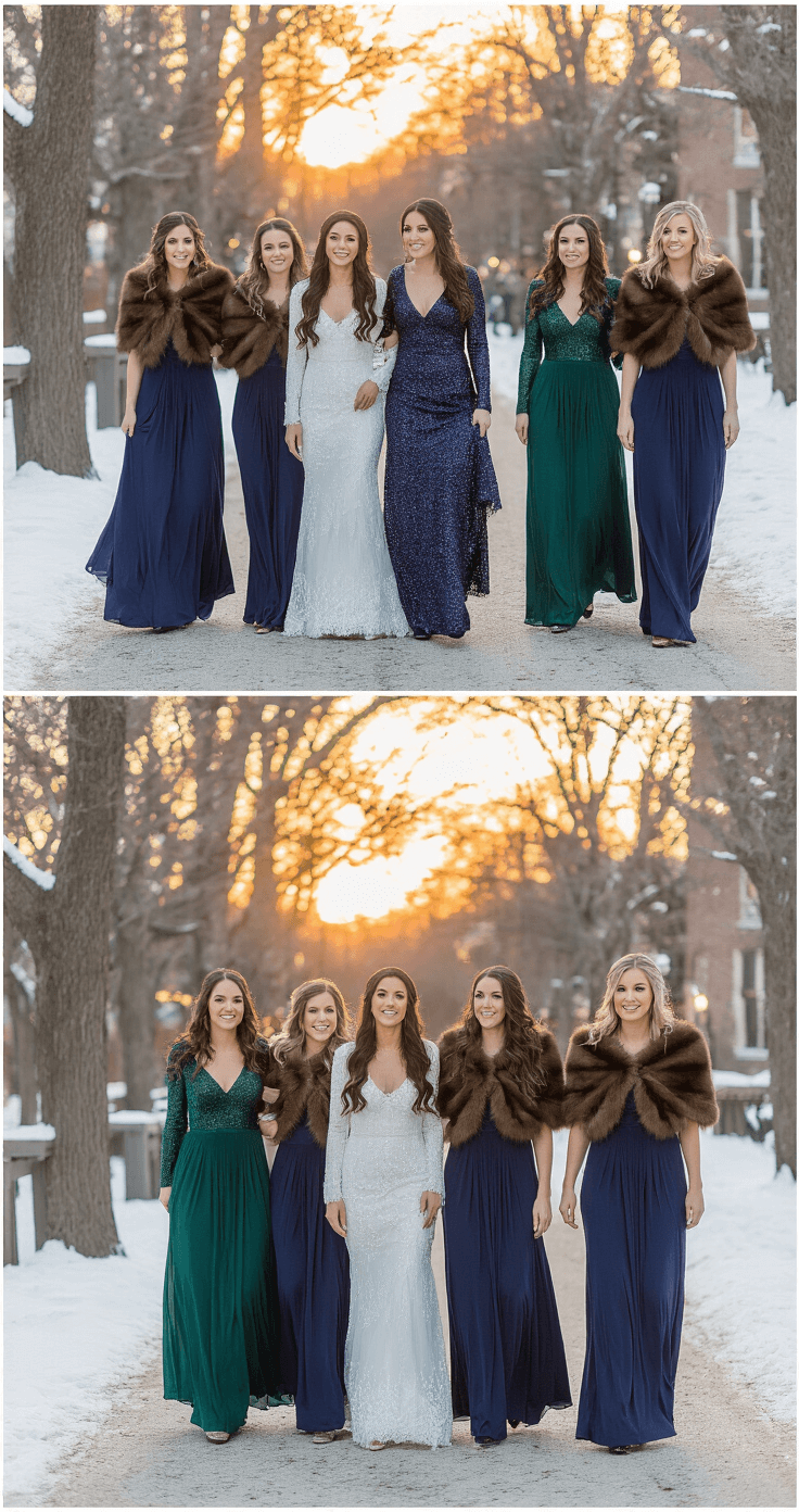 Bridesmaids in jewel-toned navy blue and emerald green gowns with faux fur stoles walk together during golden hour outside a historic winter venue, showcasing the contrast between their elegant outfits and the winter landscape. Their coordinated styles feature sequined overlays and metallic accessories, highlighted by the natural warm glow of the lighting.
