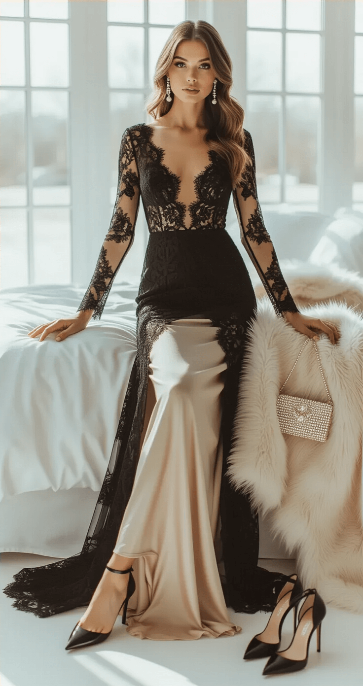 A fashion-forward woman’s winter wedding guest outfit arranged in a minimalist dressing room, featuring a black lace dress, a champagne-colored slip dress, an ivory faux fur wrap, black ankle-strap heels, a beaded clutch, and pearl earrings, all styled on a white bed with natural light enhancing the scene.