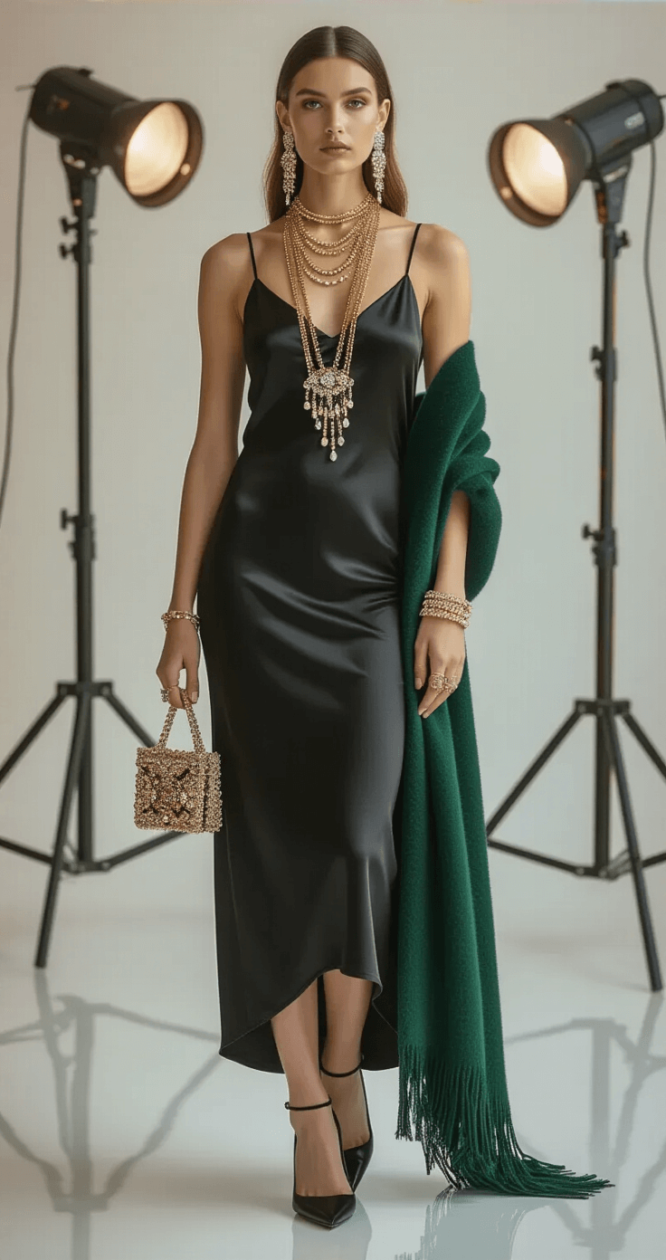 An elegant model in a black satin slip dress showcases winter wedding guest jewelry, featuring chandelier earrings, layered gold necklaces, and an ornate bracelet, accented by a luxurious emerald green shawl and black satin pointed-toe pumps, captured in a chic fashion studio with soft lighting.