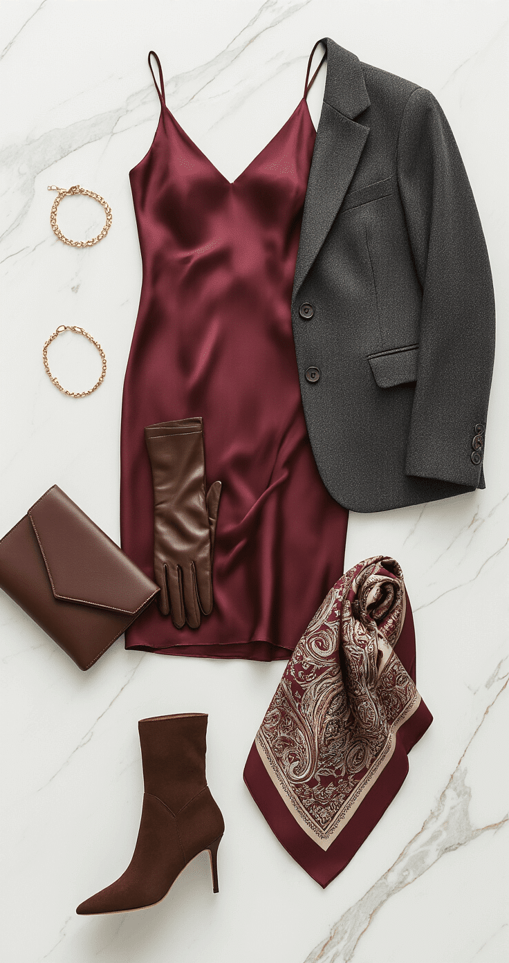 Elegant winter wedding guest outfit flat lay featuring a burgundy silk slip dress, charcoal gray wool blazer, chocolate brown suede ankle boots, leather gloves, gold jewelry, a structured leather clutch, and a paisley-patterned silk scarf, arranged on white marble with soft natural lighting.