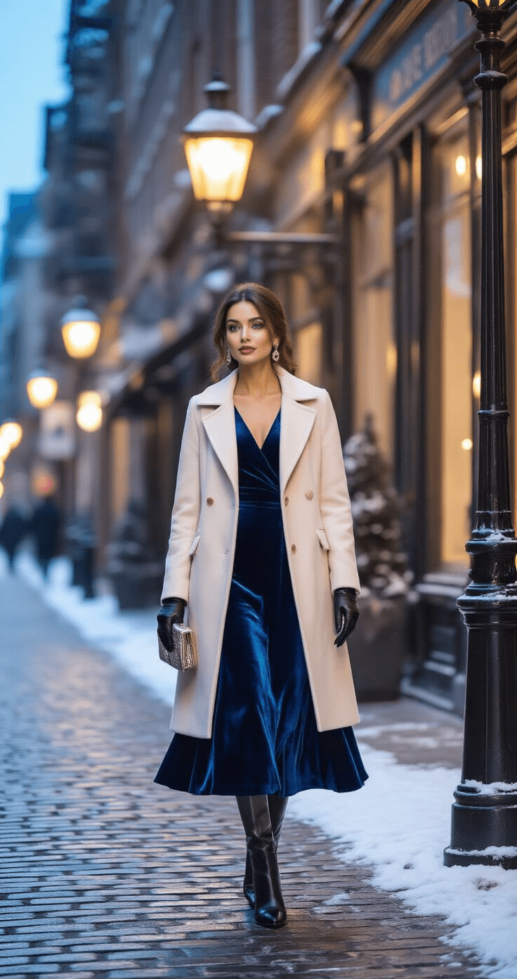 A stylish woman in a sapphire velvet midi dress and cream wool coat walks confidently along a cobblestone street at twilight, surrounded by warm streetlight glow and softly falling snow.