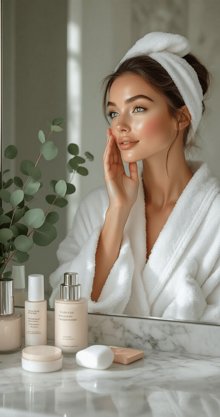 A radiant bride in a plush white robe admires her dewy glass skin in a minimalist bathroom mirror, surrounded by skincare products on a marble countertop, with soft daylight enhancing her porcelain-perfect complexion and a serene spa-like ambiance.