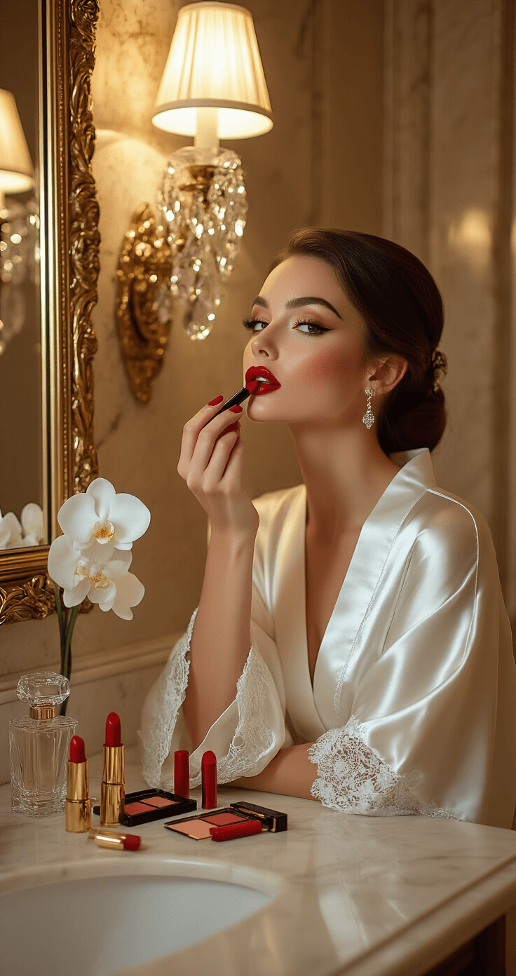 A confident bride in a luxurious white silk kimono applies bold red lipstick in an elegant hotel suite bathroom, illuminated by warm evening light from crystal sconces, surrounded by statement lip colors and adorned with crystal perfume bottles and white orchids.