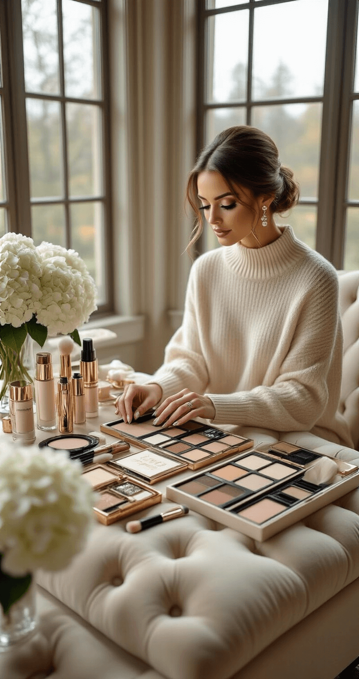 An organized bride arranges her bridal makeup kit on a tufted velvet ottoman in a luxurious dressing room, with soft morning light streaming through tall windows, showcasing gold and white beauty products, professional brushes, pearl jewelry, and fresh white hydrangeas.
