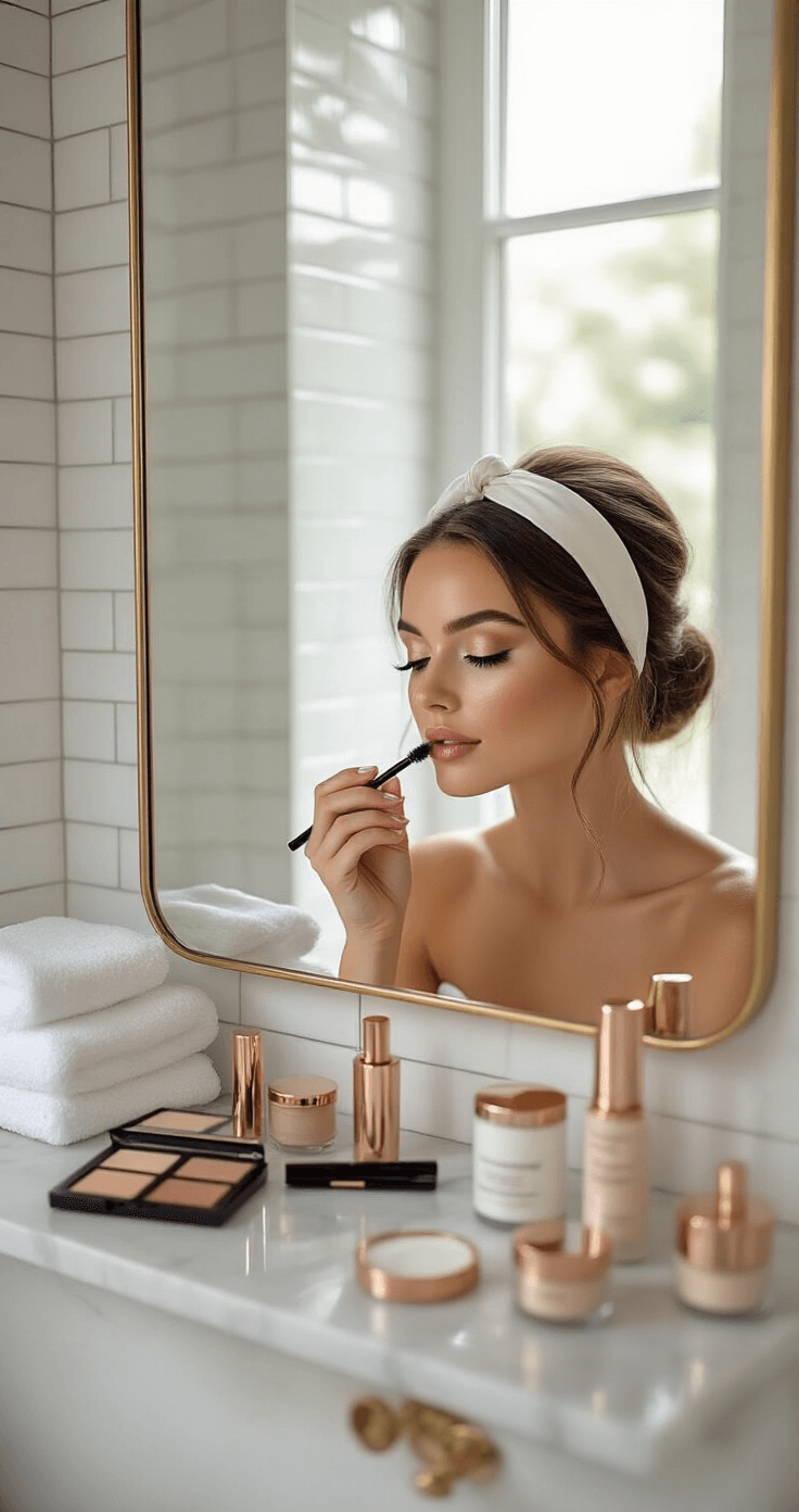 A chic modern bathroom featuring white subway tiles and brass fixtures, with a bride doing her makeup in soft natural light, surrounded by luxury skincare and neutral cosmetics on a marble shelf, reflecting her focused expression in the mirror.