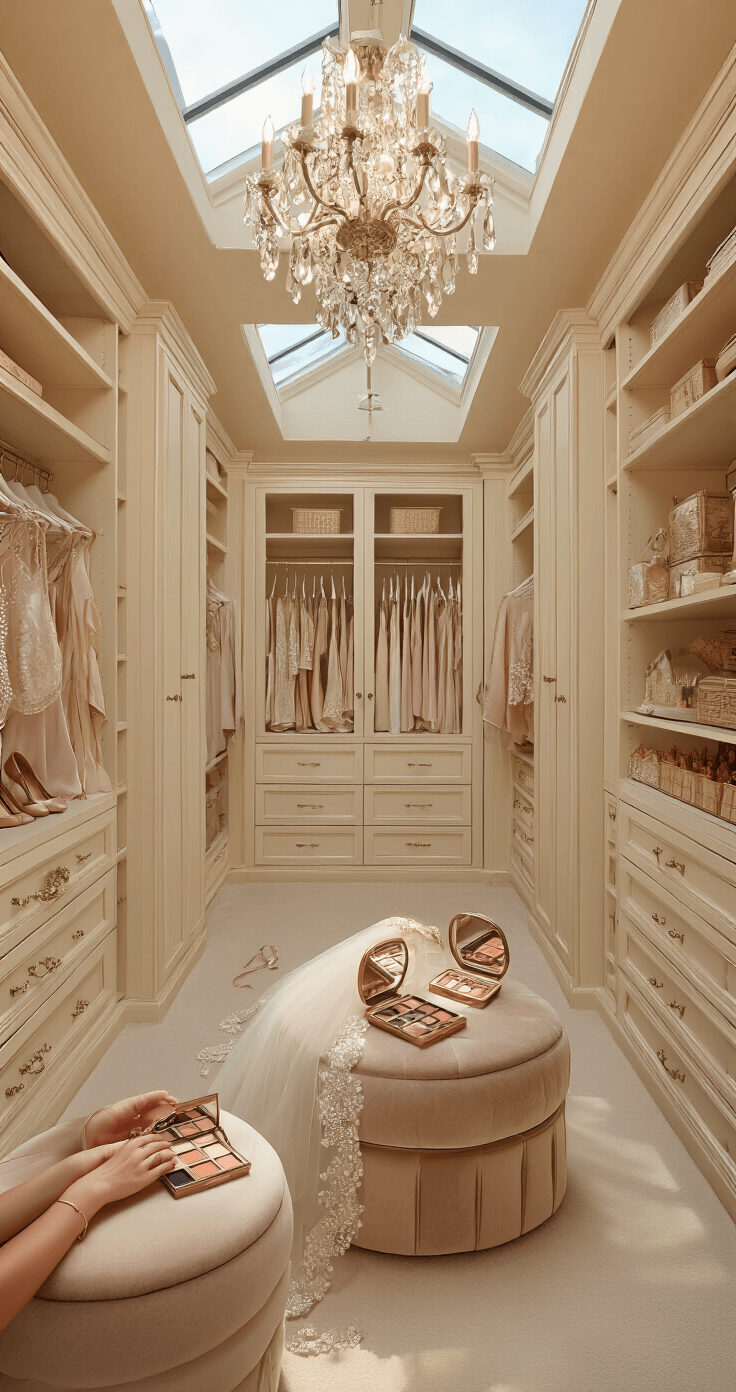 A luxurious walk-in closet with warm afternoon light, featuring cream built-in wardrobes displaying bridal accessories and an open makeup case on a velvet ottoman, while a bride selects champagne eyeshadow, her reflection visible in a vintage hand mirror.