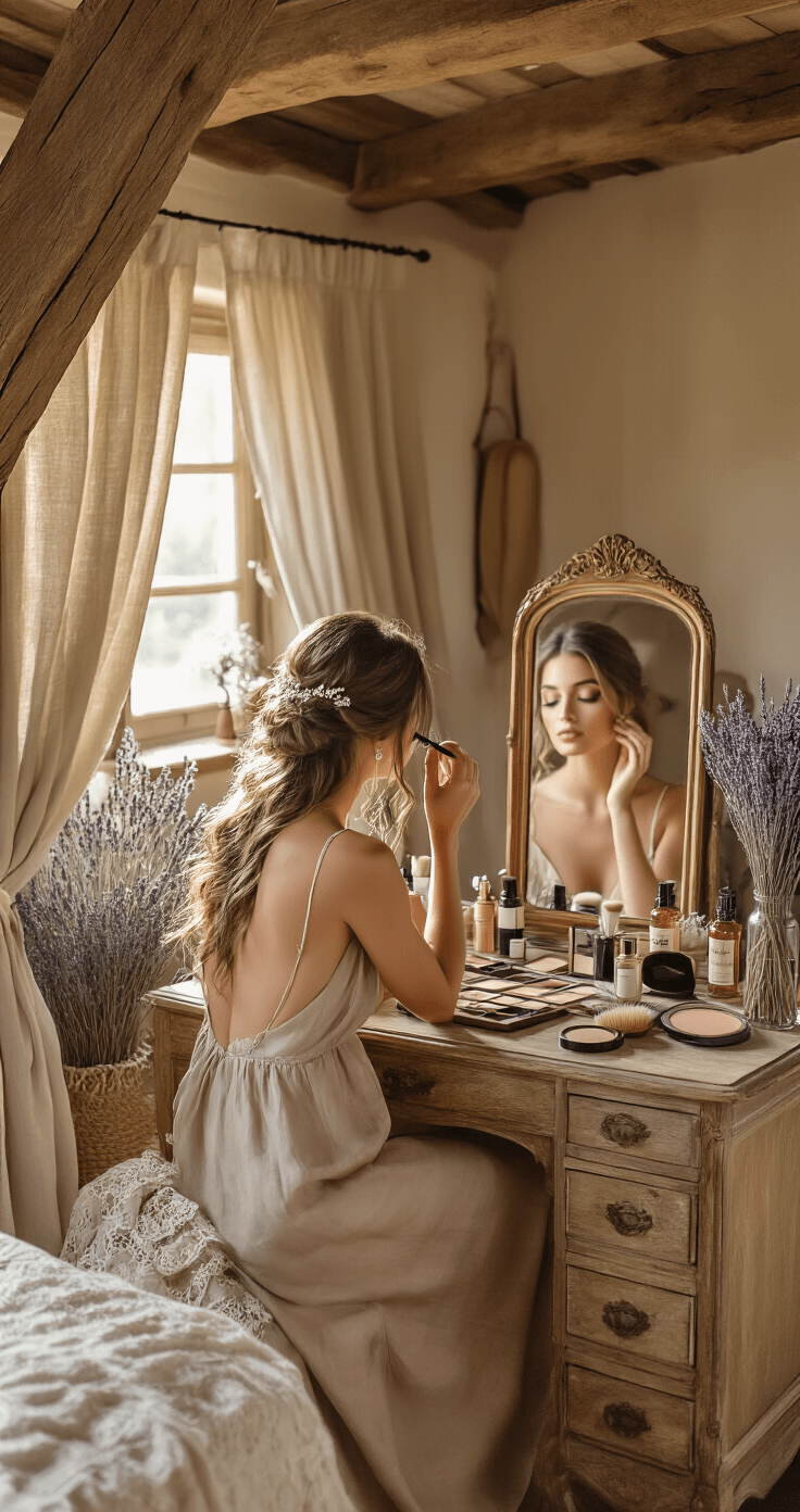 A romantic French countryside bedroom featuring exposed wooden beams, soft linen curtains, and golden morning light. A bride applies soft brown eyeliner at an antique wooden dressing table adorned with vintage perfume bottles and earthy makeup palettes. Dried lavender bouquets and lace doilies add texture, while a silk slip dress hangs nearby, completing the bridal scene.