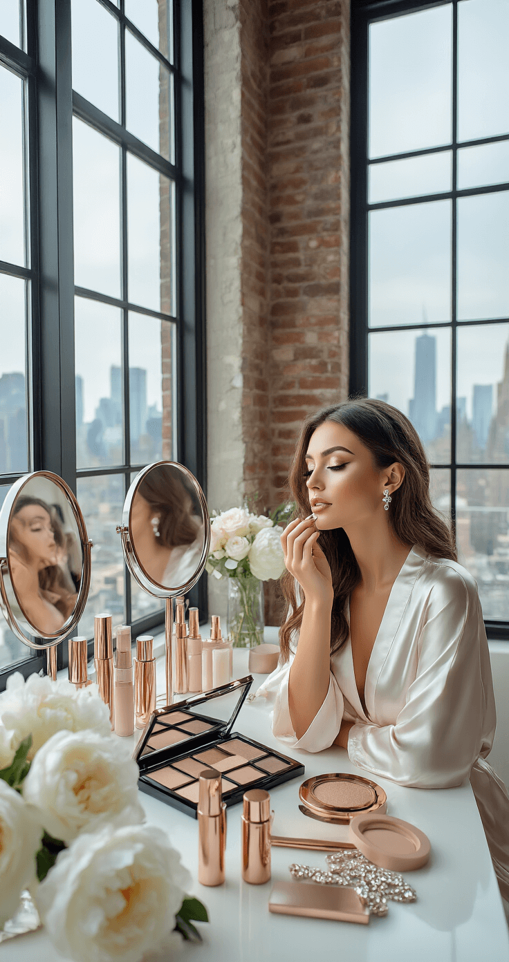 A modern bride in a sleek urban loft applies luminous foundation at a minimalist makeup station, surrounded by rose gold beauty tools and fresh white peonies, with dramatic city views through industrial windows.