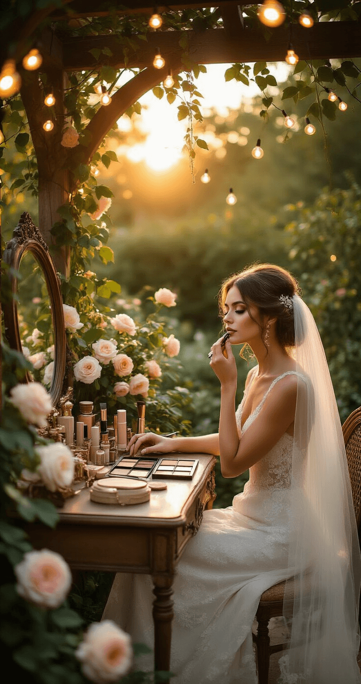 A bride applies final touches of natural wedding makeup at a vintage vanity in an outdoor garden pavilion, surrounded by blooming roses and ivy, with twinkling string lights and warm golden hour lighting creating a dreamy atmosphere.