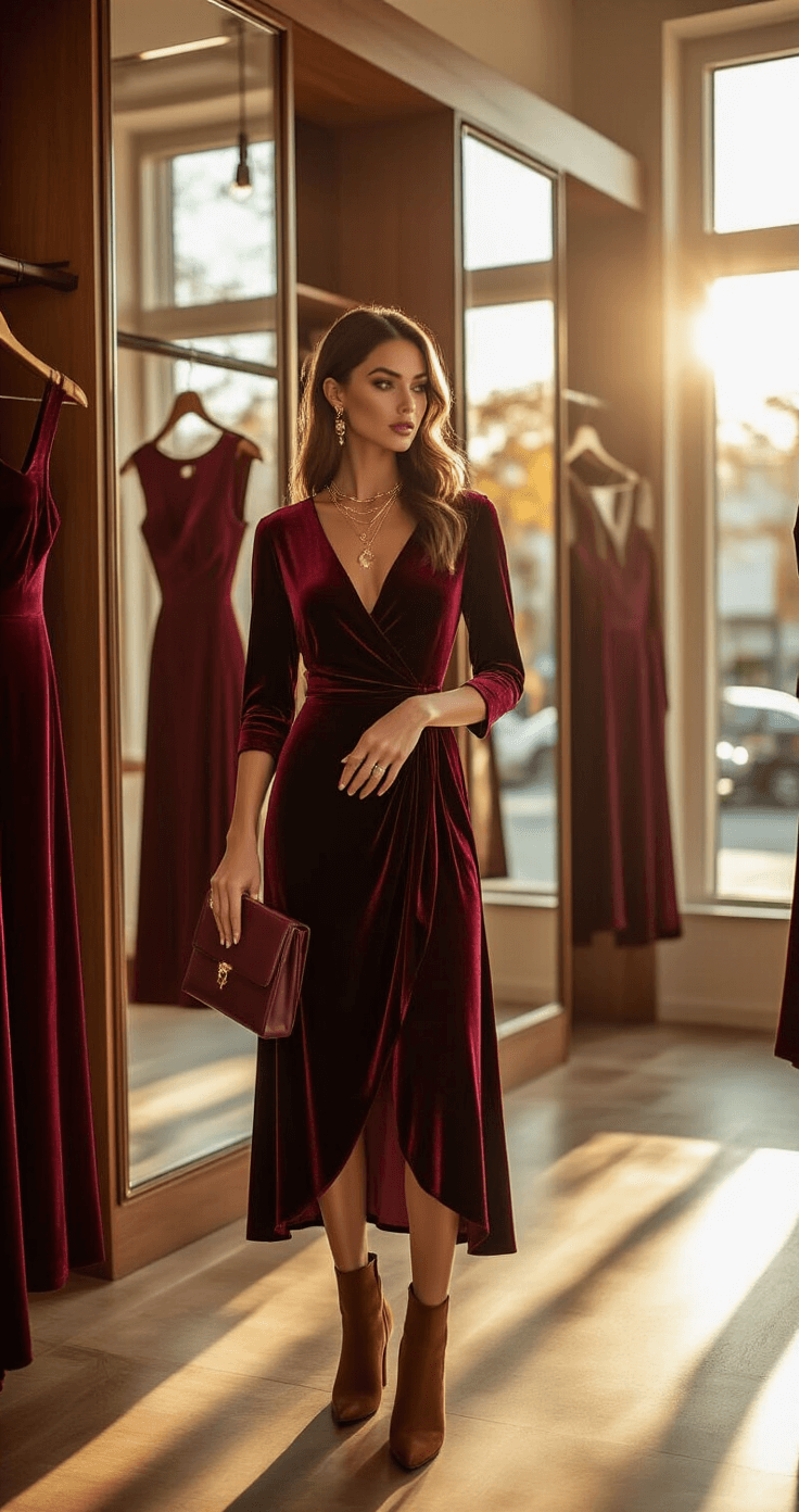 A sophisticated woman tries on a luxurious deep burgundy velvet midi dress in a sunlit boutique dressing room, surrounded by floor-to-ceiling mirrors and warm wooden accents, accessorized with gold layered necklaces and cognac brown suede ankle boots.